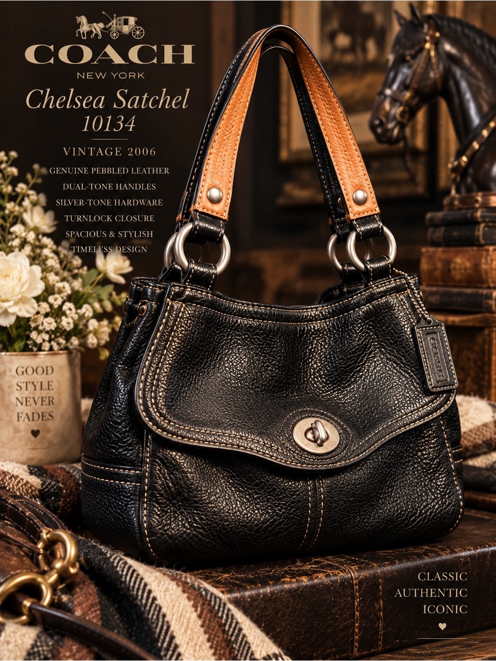 COACH Black Pebbled Leather Satchel with Tan Handles